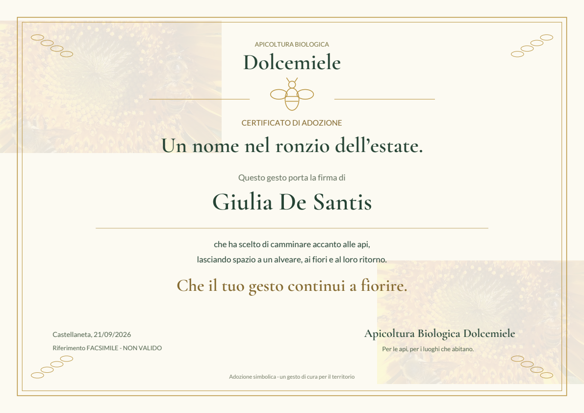 Esempio del certificato personale di adozione Dolcemiele, con cornice dorata e illustrazione di un’ape