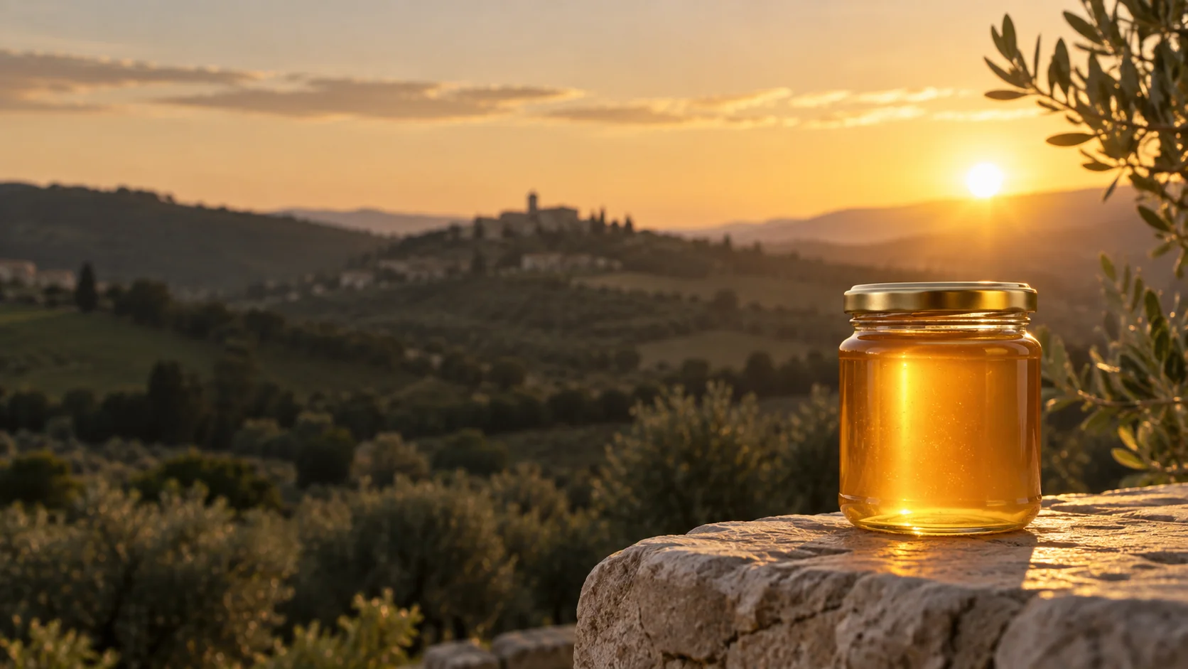 Vasetto di miele dorato illuminato dal sole al tramonto, immagine illustrativa
